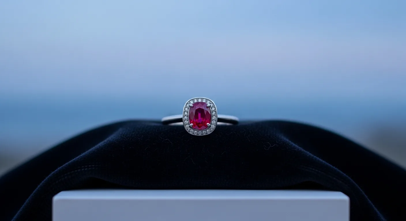 Bague en rubis sertie sur velours, présentation élégante en boutique